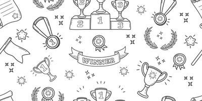 Seamless pattern on the theme of sports in doodle style. Cartoon background with winner cups and medals. vector