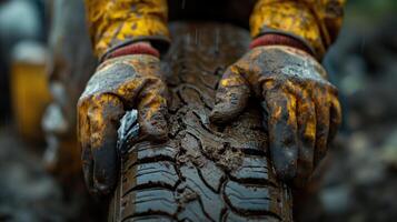 AI generated Close up of a tire repair workers hands. AI photo