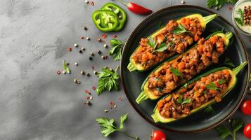 AI generated Plate with meat stuffed zucchini boats on light background. AI photo