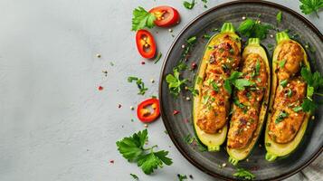 AI generated Plate with meat stuffed zucchini boats on light background. AI photo