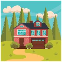 Residential house in the forest. Sky and trees in the background. Summer or spring season. Vector graphic.