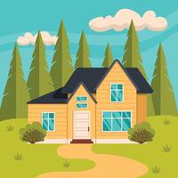 Residential house in the forest. Sky and trees in the background. Summer or spring season. Vector graphic.