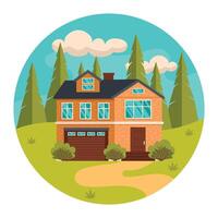 Residential house in the forest. Sky and trees in the background. Summer or spring season. Vector graphic.