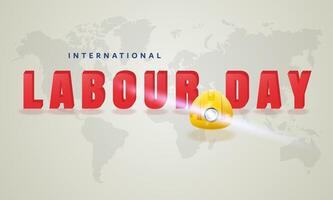 World Labor Day, text with hard hat on the background of the world map. Vector illustration.