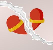 Two separated halves of a heart in wedding rings on a background of torn paper. Vector illustration.