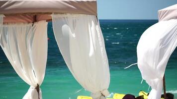 bangalôs mar. de praia salão cama com branco sedoso cortinas. salão cama com marquise às à beira-mar. de praia cadeiras e guarda-sóis. verão período de férias recorrer conceito. video