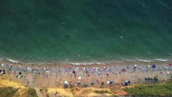 aéreo Visão do uma arenoso de praia durante verão pôr do sol. multidões do feliz pessoas relaxar de a azul água do a mar baía. feriado lazer dentro uma natural oceano contexto. video