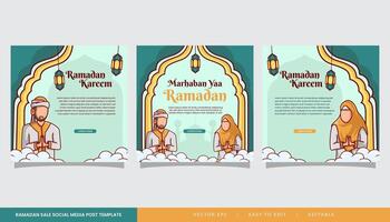 ramadan kareem greetings on social media post template background with islamic character vector