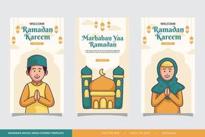 Islamic ramadan greetings on social media stories post template background with moslem character vector