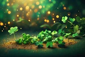 AI generated Background of green clover and gold dust for St. Patrick's Day. Patrick Day Banner. AI generated photo