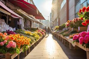 ai generado flor mercado en el soleado calle de el ciudad - En Vivo cortar ramos de flores son vendido en al aire libre establos. ai generado foto