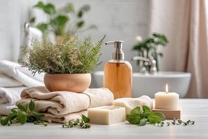 AI generated Natural handmade soap and candles in white bathroom on eco-style background, rolled towels, potted plants. Hobby soap making, home made. AI generated photo