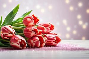 AI generated A bouquet of red tulips on the table on a solid background with festive bokeh lights. A festive birthday card, March 8th, a spring gift. AI generated photo