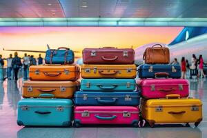 AI generated A bunch of suitcases at the airport - cargo control, baggage allowance and hand luggage parameters on the plane, security, check-in and delivery of personal belongings. AI generated photo