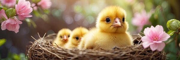 AI generated Cute fluffy yellow chicks in a spring blooming nest of twigs and flowers in nature. Spring card, spring time, children, childhood. AI generated photo