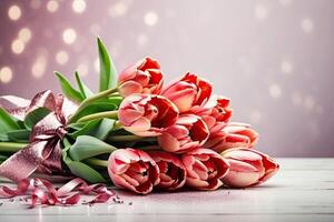 AI generated A bouquet of red tulips on the table on a solid background with festive bokeh lights. A festive birthday card, March 8th, a spring gift. AI generated photo