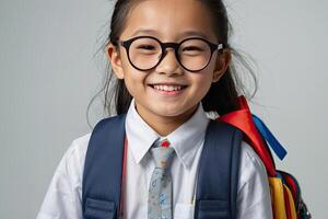 AI generated happy darkskinned schoolgirl teenager wearing eyeglasses on a gray solid background with copy space.  AI generated photo