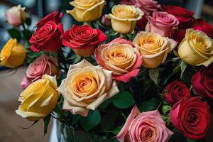 AI generated Multicolored roses in a flower shop - fresh supply of cut flowers for spring holidays, floral shop. AI generated photo