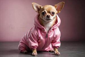 ai generado un chihuahua hembra perro en un rosado brillante atractivo chaqueta interior a hogar. perro moda, animal ropa. ai generado foto