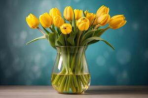 AI generated A bouquet of yellow tulips in a vase on the table on a blue background. A festive birthday card, March 8th, a spring gift. AI generated photo