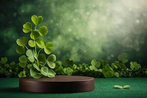 AI generated Empty podium for product demonstration and installation Background of green clover for St. Patrick's Day. Patrick Day Banner. AI generated photo