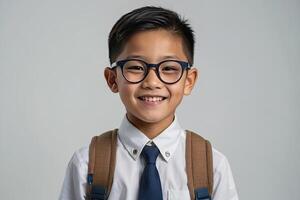 AI generated happy darkskinned schoolgirl teenager wearing eyeglasses on a gray solid background with copy space.  AI generated photo