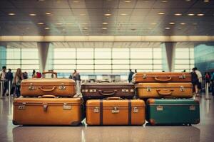 AI generated A bunch of suitcases at the airport - cargo control, baggage allowance and hand luggage parameters on the plane, security, check-in and delivery of personal belongings. AI generated photo