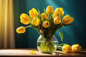 AI generated A bouquet of yellow tulips in a vase on the table on a blue background. A festive birthday card, March 8th, a spring gift. AI generated photo