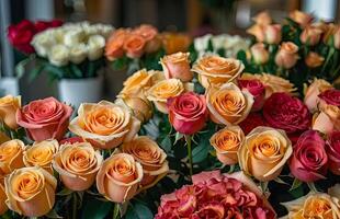 AI generated Multicolored roses in a flower shop - fresh supply of cut flowers for spring holidays, floral shop. AI generated photo