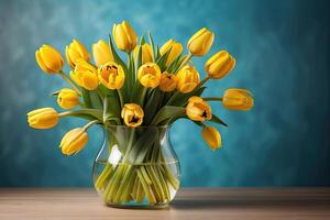 AI generated A bouquet of yellow tulips in a vase on the table on a blue background. A festive birthday card, March 8th, a spring gift. AI generated photo