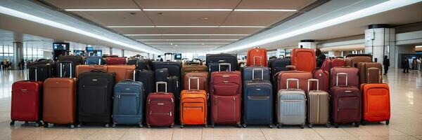 AI generated A bunch of suitcases at the airport - cargo control, baggage allowance and hand luggage parameters on the plane, security, check-in and delivery of personal belongings. AI generated photo