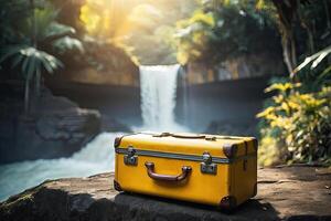 ai generado un amarillo maleta en el antecedentes de un cascada en el selva. viajar, trekking excursión a salvaje, exótico lugares, turismo, al aire libre actividades. ai generado foto