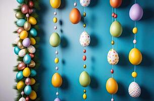 AI generated Garland of colorful Easter eggs - Easter decor close-up. AI generated photo