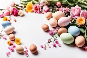 AI generated Multicolored Easter eggs frame with spring flowers - Easter card with a space for text. rustic Easter background photo