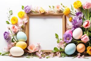 AI generated Multicolored Easter eggs frame with spring flowers - Easter card with a space for text. rustic Easter background photo