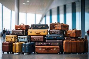 AI generated A bunch of suitcases at the airport - cargo control, baggage allowance and hand luggage parameters on the plane, security, check-in and delivery of personal belongings. AI generated photo