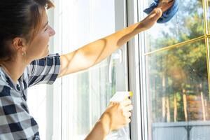 Woman manually washes the window of the house with a rag with spray cleaner and mop inside the interior with white curtains. Restoring order and cleanliness in the spring, cleaning servise photo