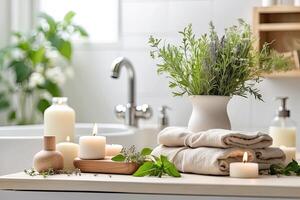 AI generated Natural handmade soap and candles in white bathroom on eco-style background, rolled towels, potted plants. Hobby soap making, home made. AI generated photo