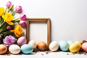 AI generated Multicolored Easter eggs frame with spring flowers - Easter card with a space for text. rustic Easter background photo