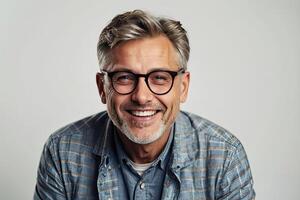 AI generated Adult happy Indian man wearing eyeglasses on a gray solid background with copy space. AI generated photo