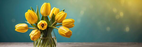 AI generated A bouquet of yellow tulips in a vase on the table on a blue background with copy space. A festive birthday card, March 8th, a spring gift. AI generated photo