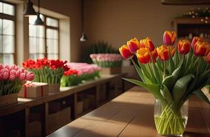 AI generated Colorful bouquets of tulips in a flower shop - fresh cut flowers in boxes and vases in a warehouse and racks for sale, delivery for the holiday. Spring, March 8, women's Day, birthday. photo