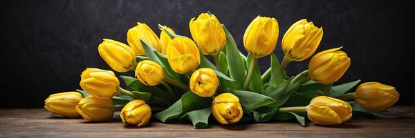 AI generated A bouquet of yellow tulips on the table on a white background. A festive birthday card, March 8th, a spring gift. photo