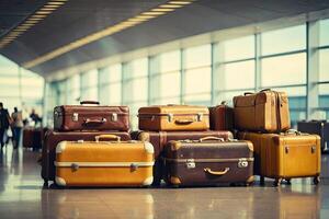 AI generated A bunch of suitcases at the airport - cargo control, baggage allowance and hand luggage parameters on the plane, security, check-in and delivery of personal belongings. AI generated photo