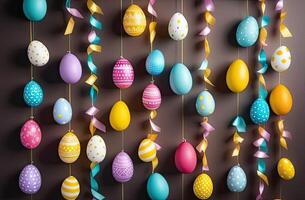 AI generated Garland of colorful Easter eggs - Easter decor close-up. AI generated photo