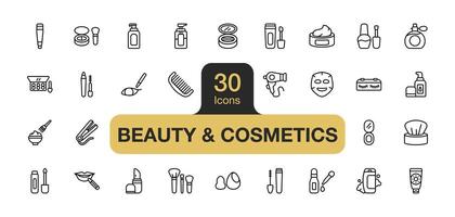 Set of 30 Beauty and cosmetics icon element sets. Includes Lipstick, Mascara, Eyeliner, Eye shadow, Foundation, Concealer, and More. Outline icons vector collection.