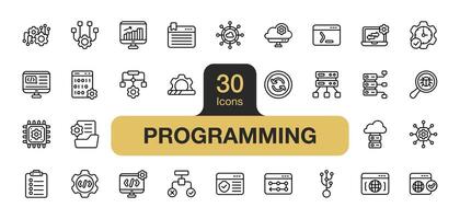 Set of 30 Programming icon element set. Includes algorithm, analysis, code, progress, protection, cloud, database, website, program, and More. Outline icons vector collection.