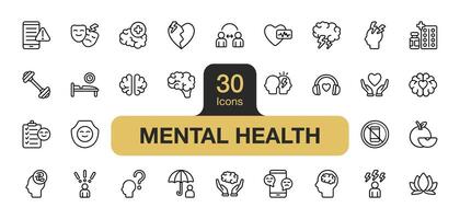 Set of 30 Mental health icon element set. Includes broken, panic, protect, stress, thinking, and More. Outline icons vector collection.