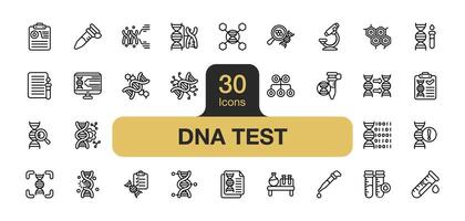 Set of 30 DNA test icon element sets. Includes Test tube, Microscope, Genetic code, Sample collection, Laboratory, Pipette, and More. Outline icons vector collection.