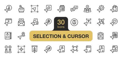 Set of 30 Selection and cursors icon element sets. Includes like, mouse, option, object, folder, selected, and More. Outline icons vector collection.